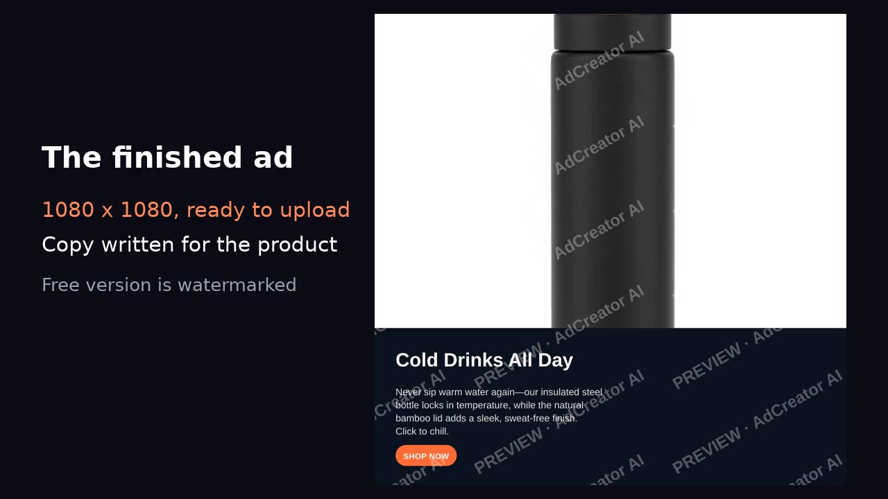Walkthrough: a product photo turned into a finished ad in the free ad maker
